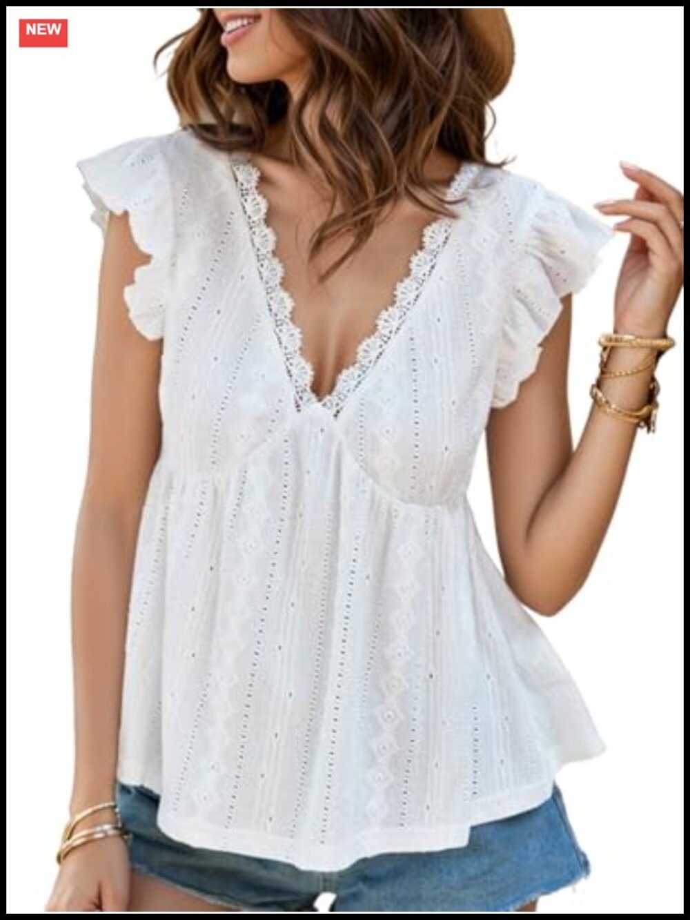 Women's Lace Trim Peplum Blouse Flowy Eyelet Babydoll Top Summer Boho